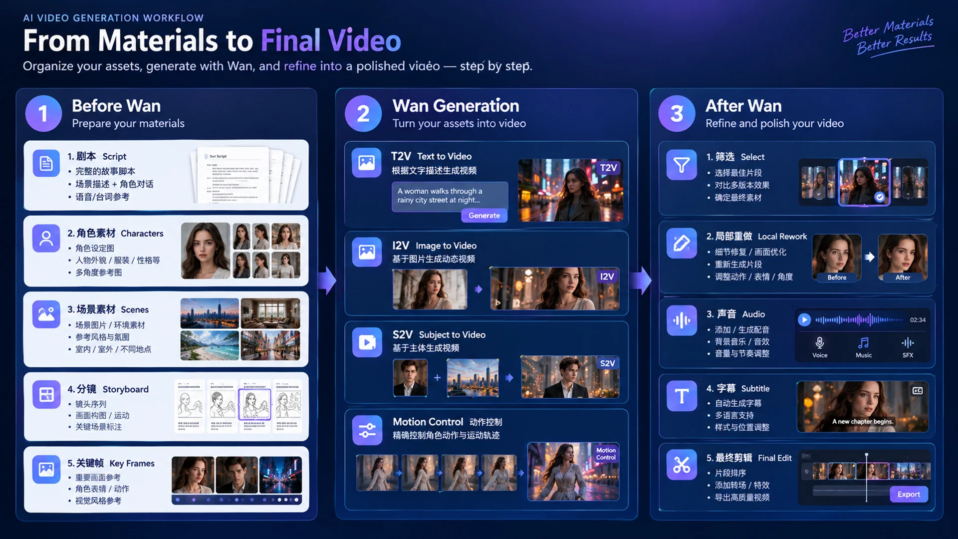 Three-stage Wan production workflow covering preparation, generation, and post-production.