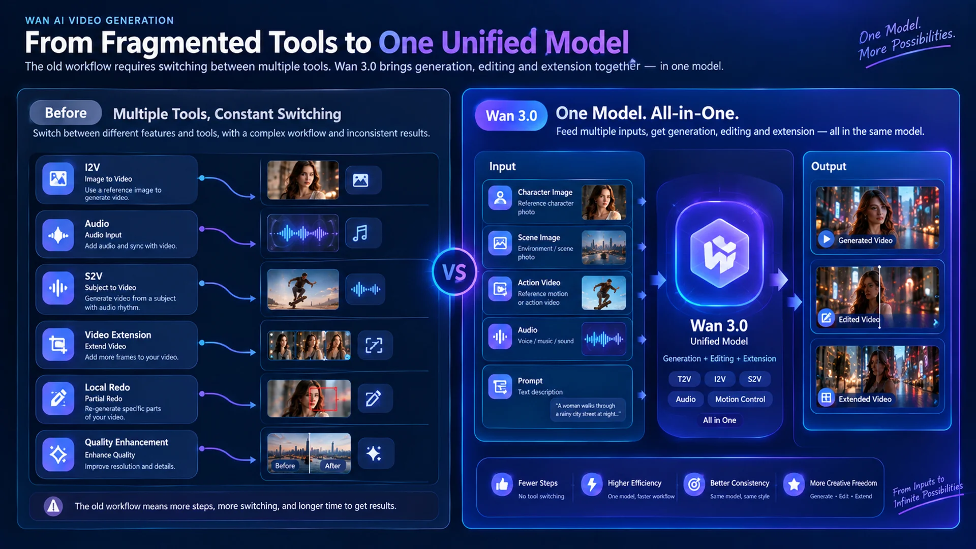 Comparison of a fragmented legacy workflow with the consolidated Wan 3.0 production workflow.