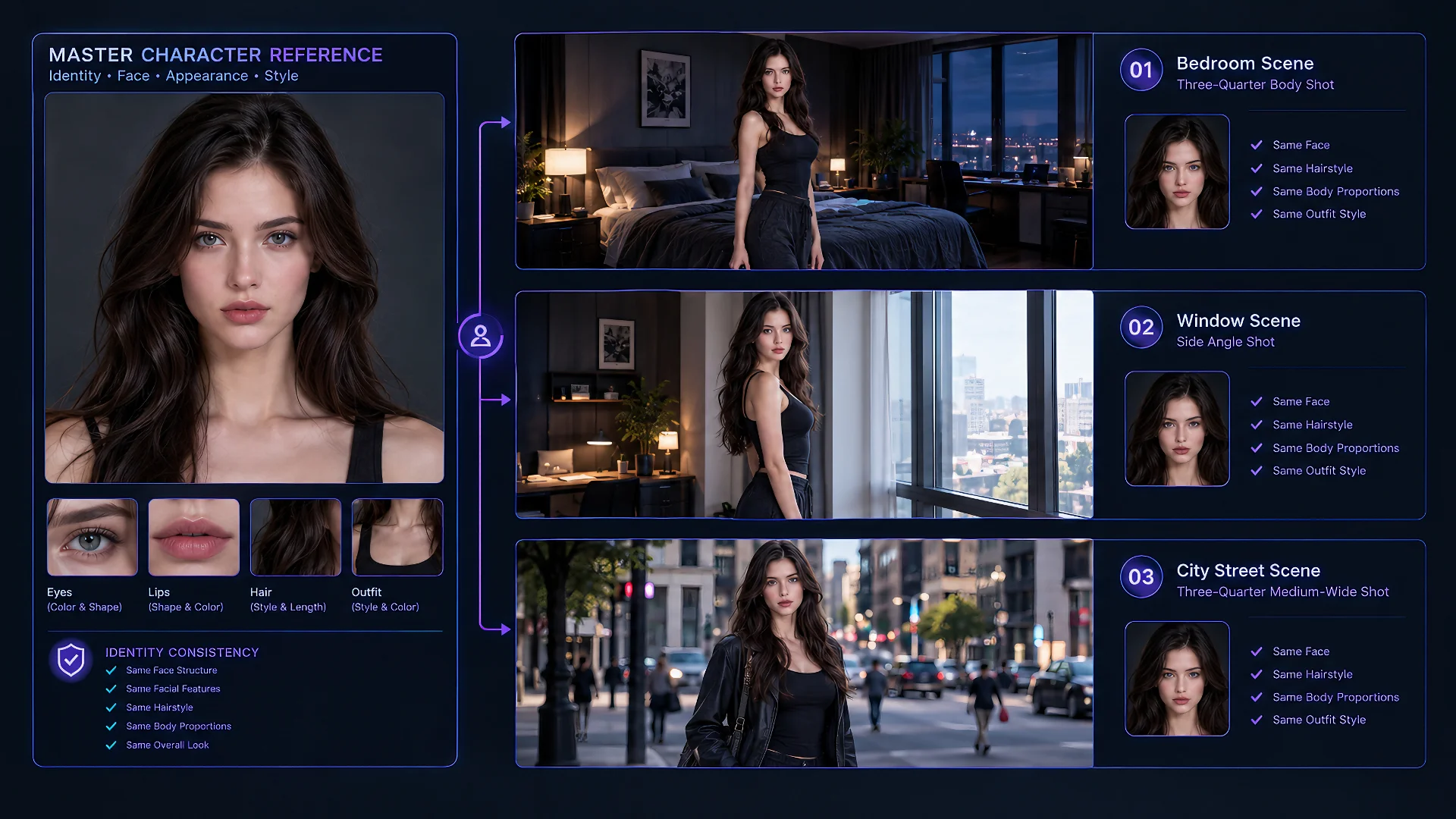 Master character reference variations preserving the same adult female character across settings