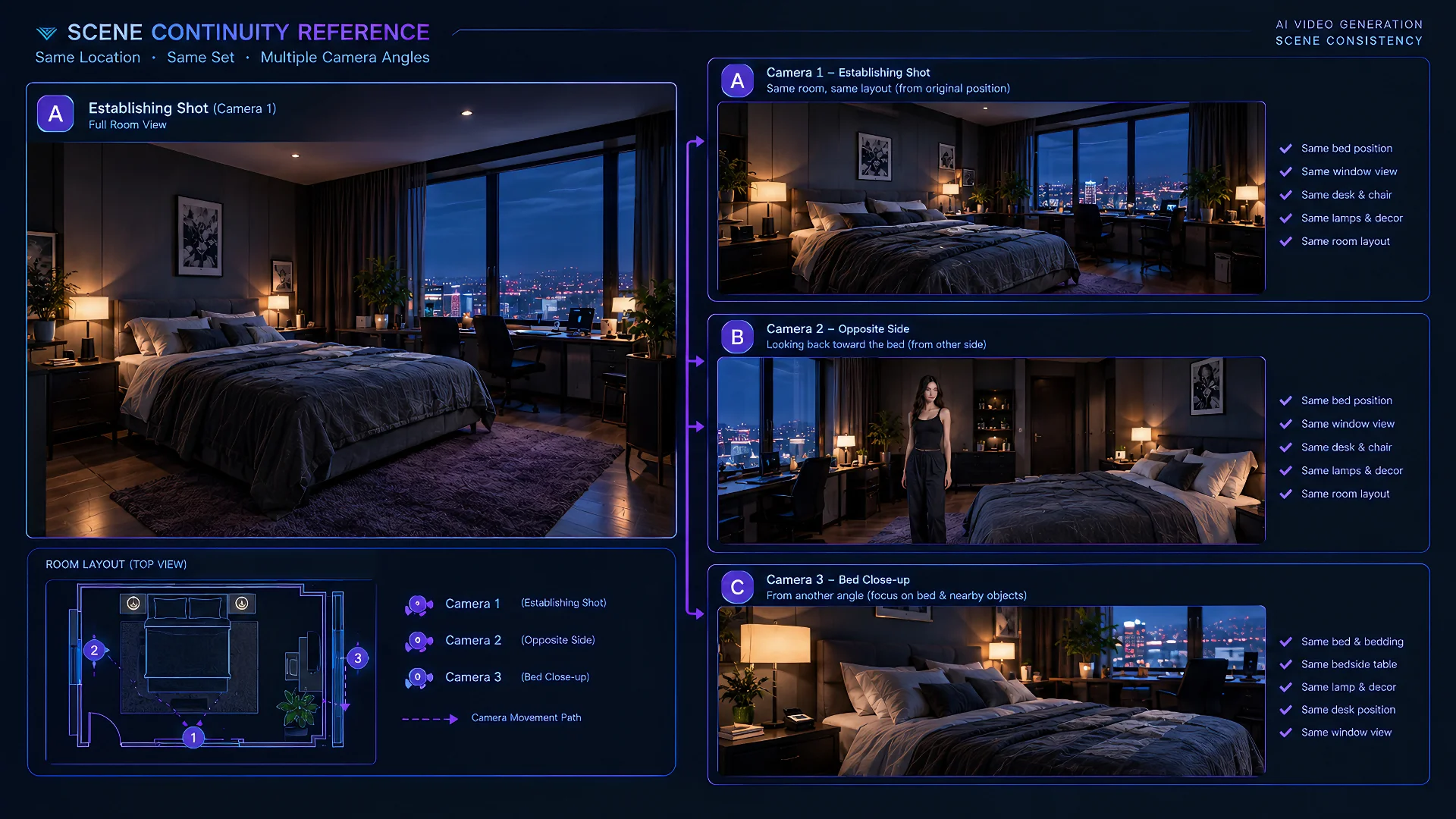 Location continuity views of the same bedroom or studio with consistent furniture, windows, lighting, and wall color