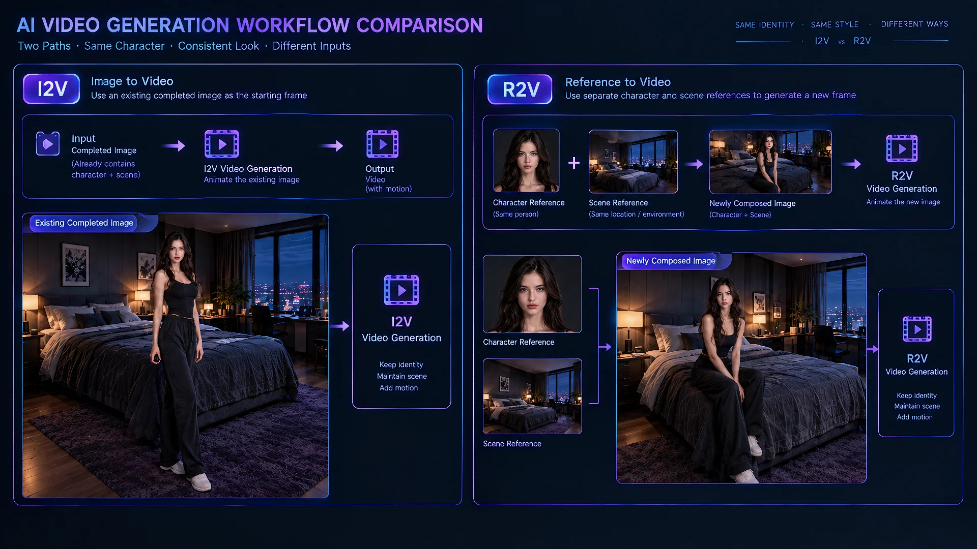 Comparison of Wan I2V preserving a completed composition and Wan 3.0 R2V rebuilding a scene from separate references