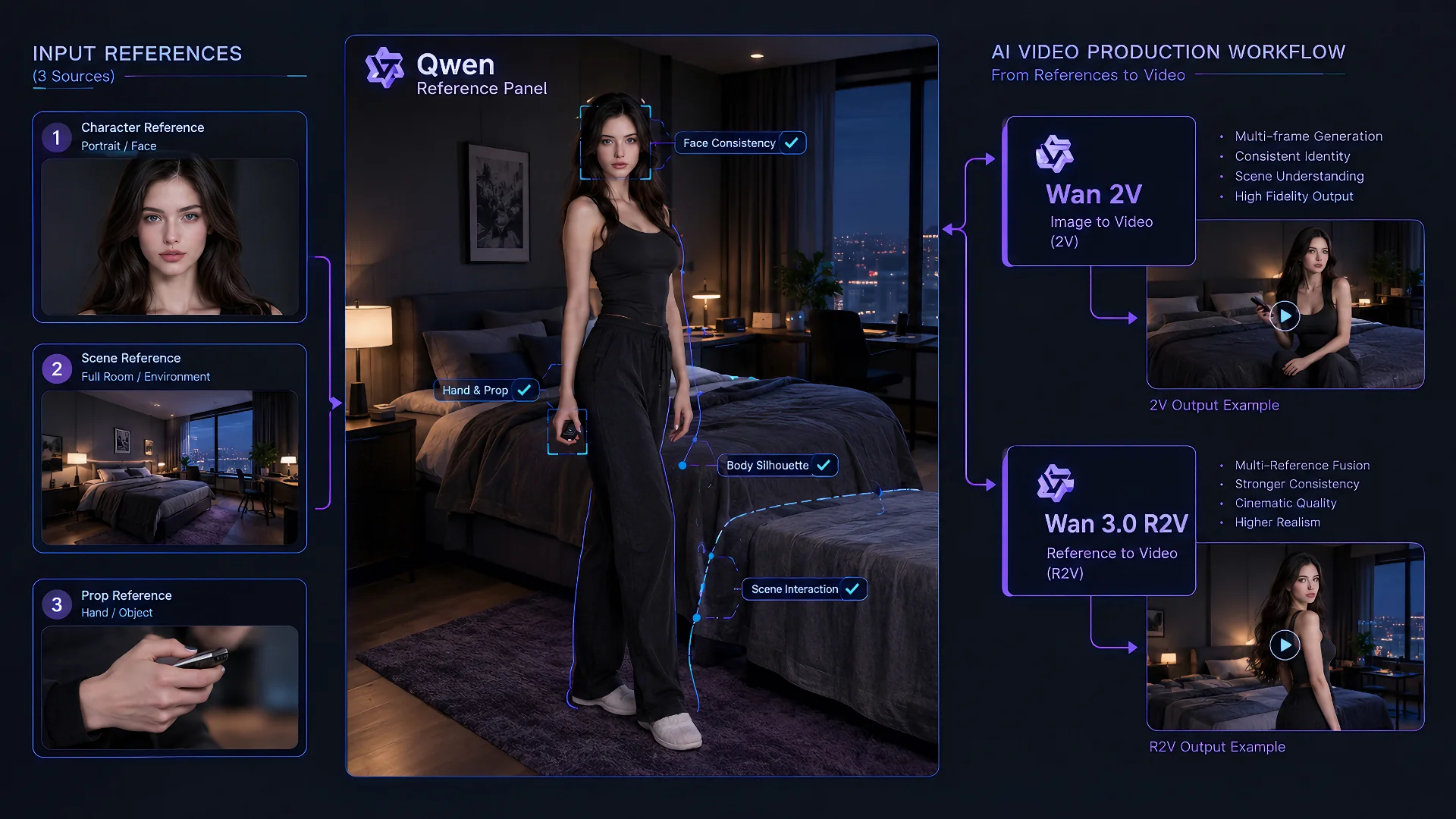 Qwen-to-Wan workflow showing character, bedroom, clothing, and prop references flowing into Wan I2V and Wan 3.0 R2V