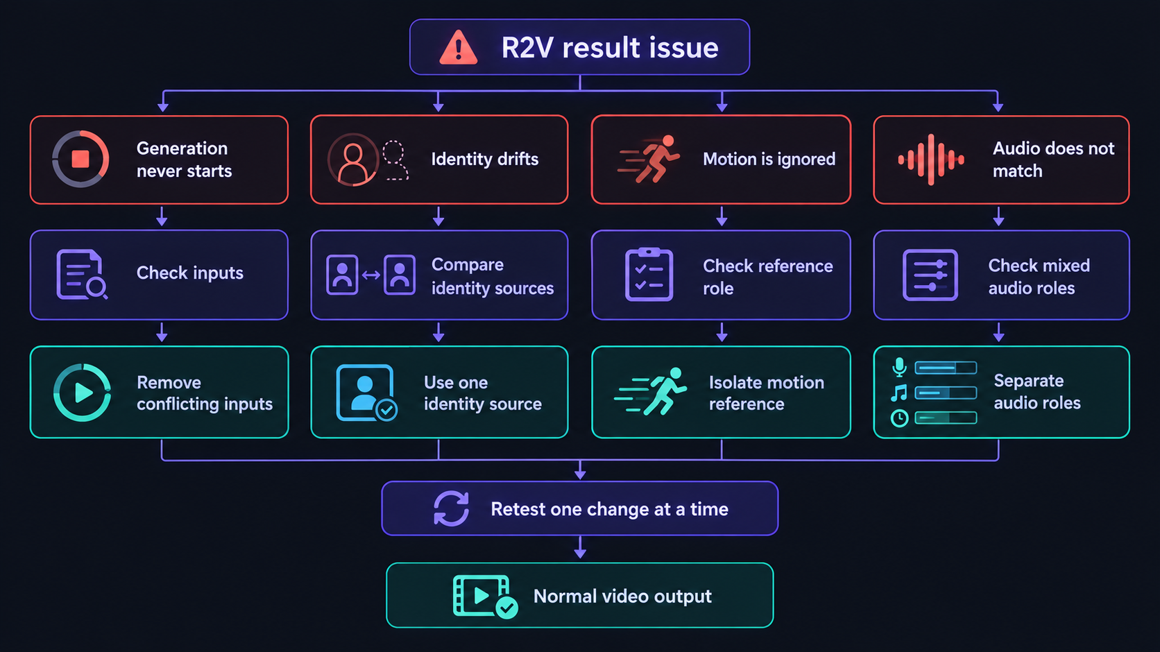 Wan 3.0 R2V troubleshooting flow from generation, identity, motion, and audio issues to targeted fixes